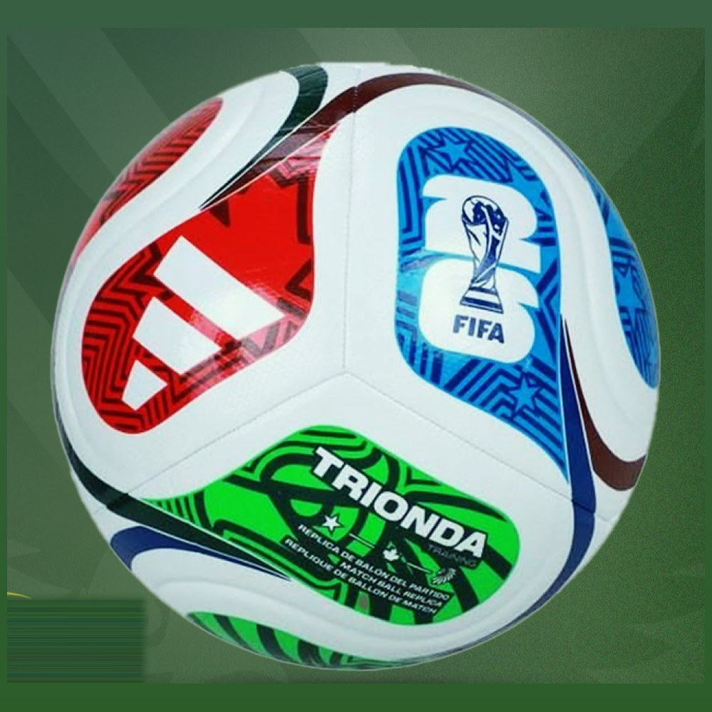 Ballon de football blanc à motifs rouges, bleus et verts